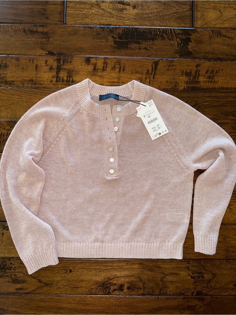 Zara Light Pink Button-Front Henley Sweater -NWT